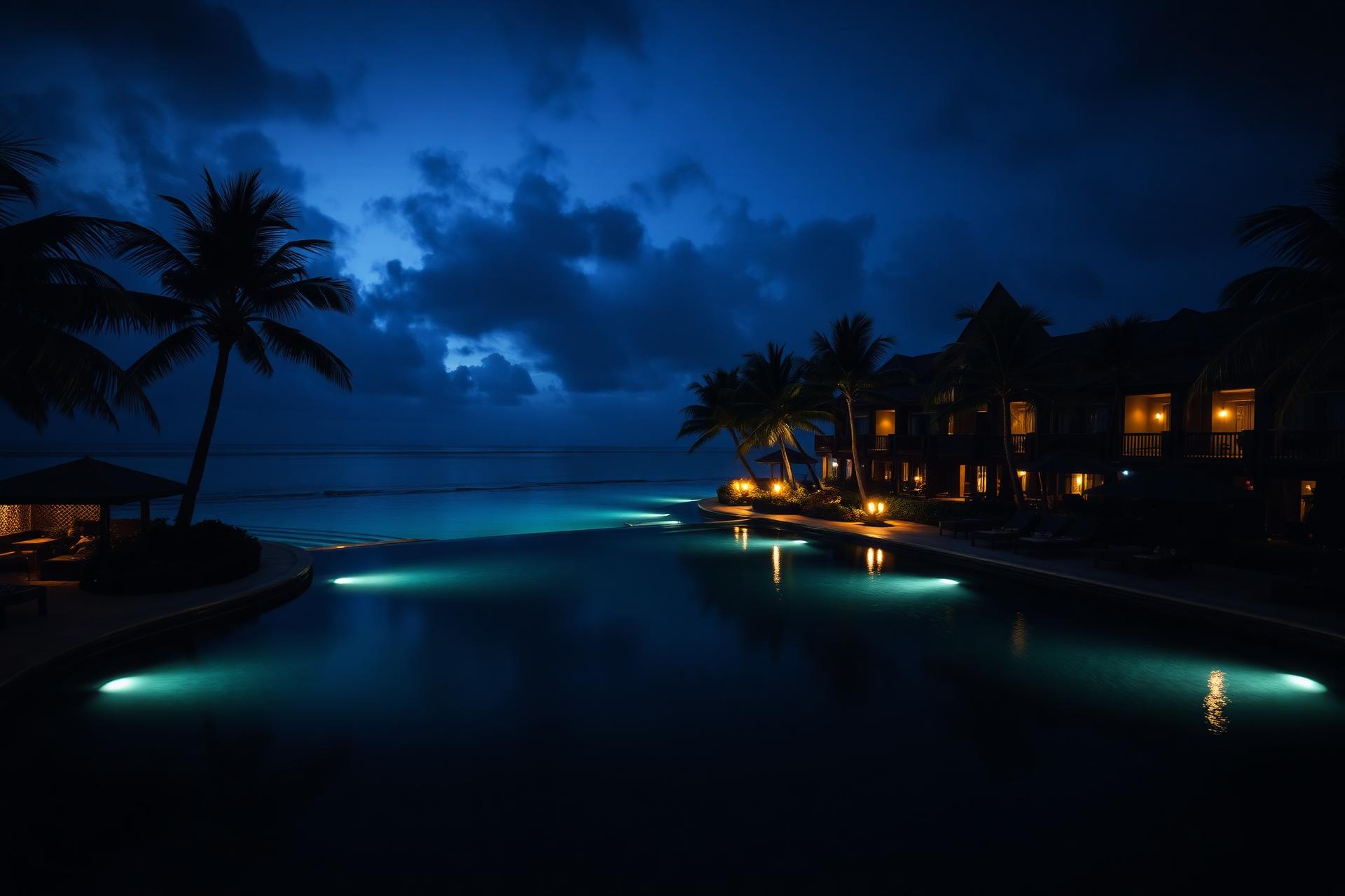 Cinematic luxury resort at twilight